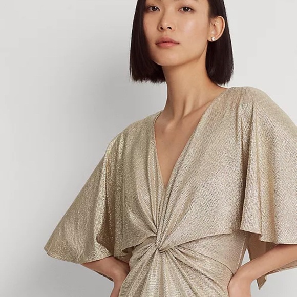 Ralph Lauren Gold Flutter Sleeve V-Neck Gown - Picture 3 of 12